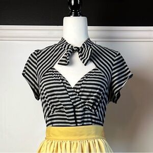 STOP STARING Striped Black and Gray Women's Top with Bow and Crossover Front
